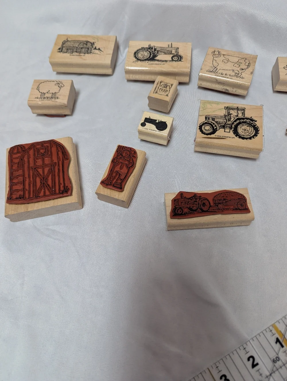 Lot Of 12 2002 Vintage Stampin' Up Wooden Stamps Tractors, Farm Animals Crafting